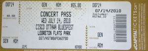 Ottawa Bluesfest July 14, 2010 Ticket Stub