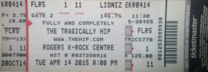 The Tragically Hip Ticket Stub